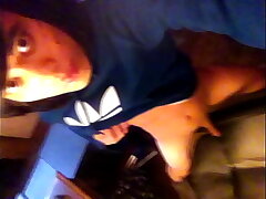 Teen twink with cute face, emo haircut, wearing blue Adidas Trefoil Hoodie, rubs his tiny smooth unearth on the chair asian gay rap coitus videos